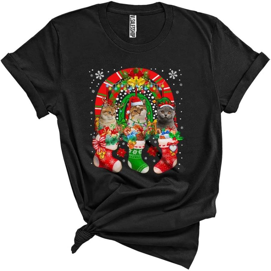 Reindeer Santa ELF British Shorthair in Xmas Socks Cute Funny Christmas Lights Rainbow Three Cats Lover Unisex T-Shirt S