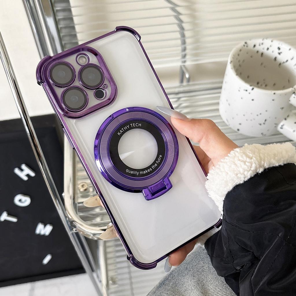 Luxury Plating Shockproof Magnetic Bracket Clear Case for Magsafe for iPhone 16 15 14 13 12 11 Pro Max With Holder Stand Cover