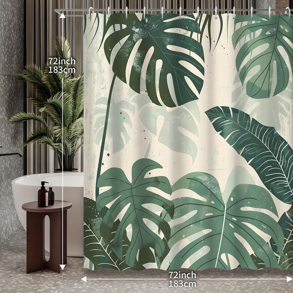 1pc Nordic Tropical Plant Green Leaf Monstera Leaf Shower Curtain, Decorative Print Shower Curtain, Contains 12 Hooks
