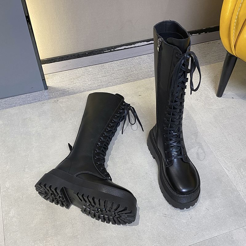 Fashion Platform Round Toe Lace-up Half High Boots for Women Autumn Winter Leather Fleece-Lined Mid Calf Shoes Woman Gothic Hot Footwear