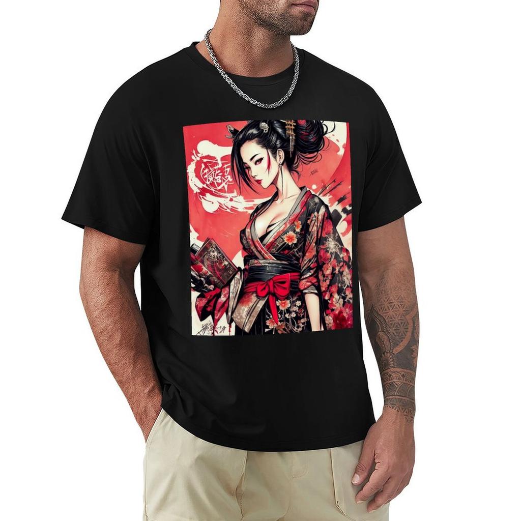 Beautiful Geisha in Red and Black Japanese Dress TShirt basketball graphic tees t shirts for men cotton