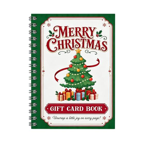 Themed Illustration Gift Organizer Christmas Card Book, 7" x 5" Spiral Bound Merry Creative Holiday Souvenir Book Booklet, Greeting Album Personalized