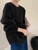 Crew neck retro cuff pleated knitted sweater women's autumn and winter new versatile loose soft waxy solid color pullover sweater