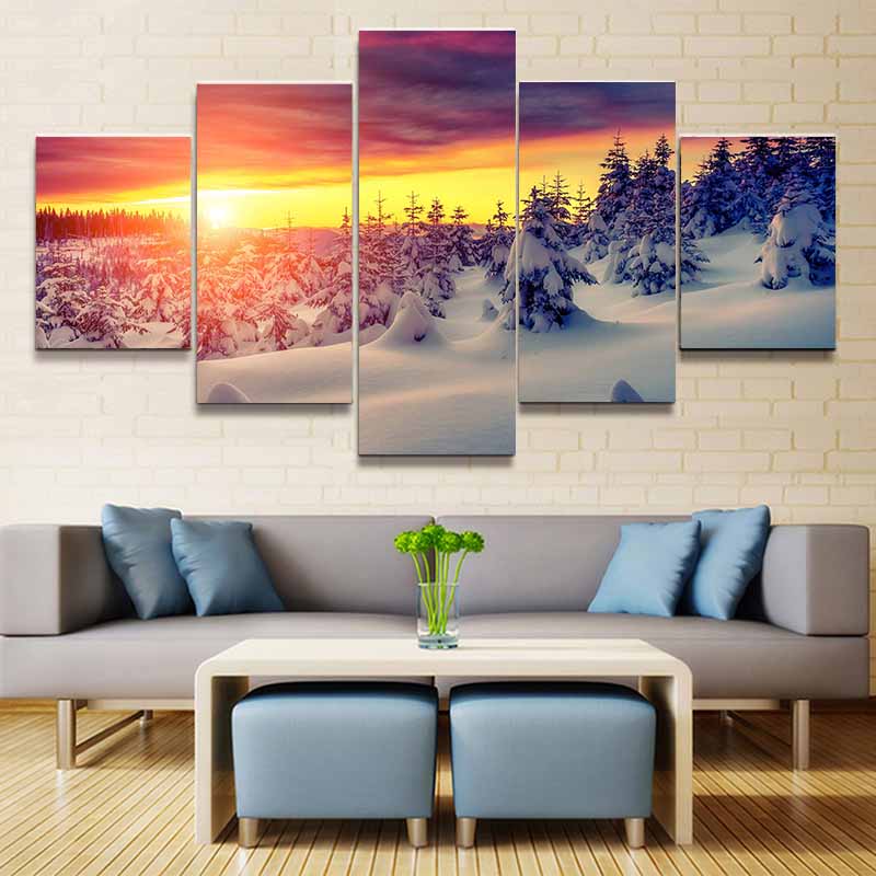 5 Pieces Fantasy Sunset Snowy Forest Canvas Painting Landscape Posters and Prints Wall Pictures Living Room Home Decor No Frame