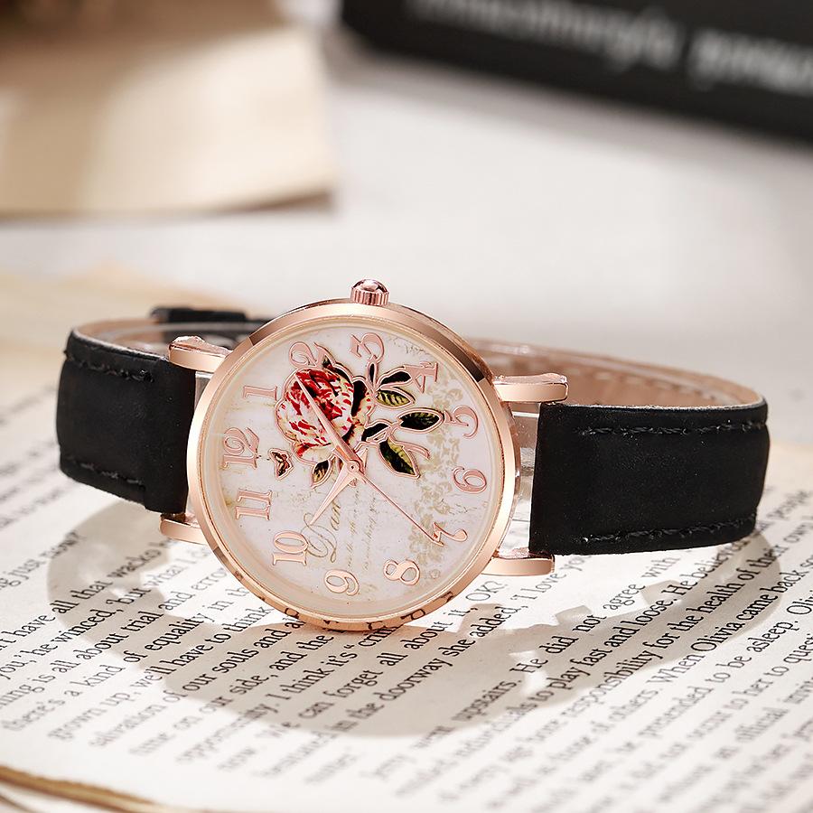 Damen PU-Lederarmband Uhr Pfingstrosen Zifferblatt Quarz Armbanduhr