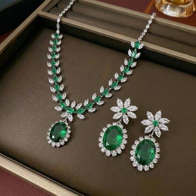 European & American Style Zircon Emerald Necklace & Earrings with Plum Blossom Design