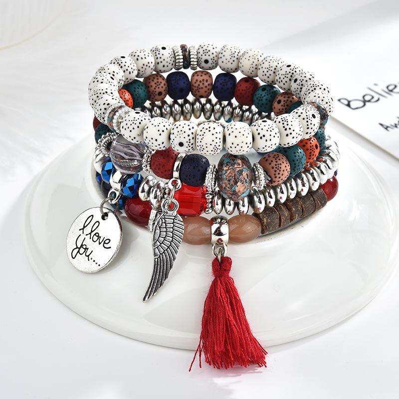 Ethnic Wind Wings Bracelet Round Card Letters Multilayer Tassel Beaded Bracelet Vintage Bracelet