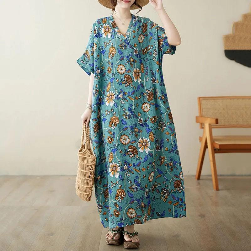 Oversized Dresses Summer Women Printing Loose Cotton Linen Long Dresses Large Hem Summer Women Long Dresses