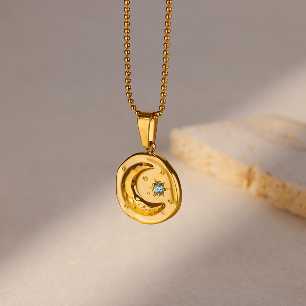 Blue Zircon Star Moon Necklaces for Women Stainless Steel Gold Color Chain Collar Wedding Necklace Jewelry Accessories Gift BFF