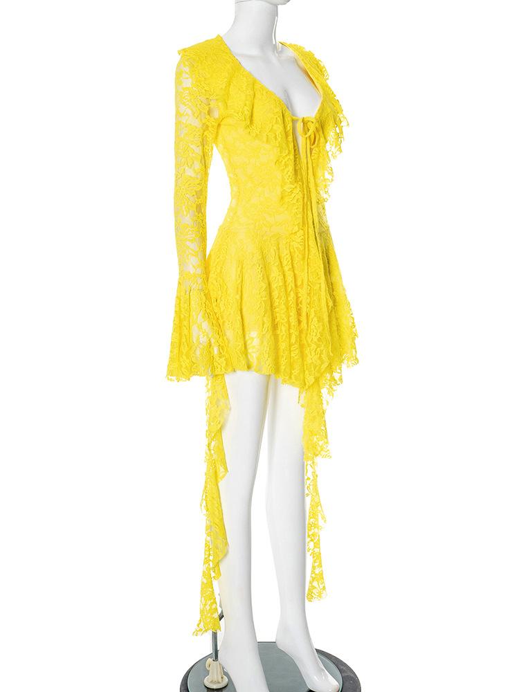 Summer Lace Ruffled Streamer Dress for Women Flare Long Sleeve V Neck Sexy Mini Dress See Through Fashion Elegant Dresses