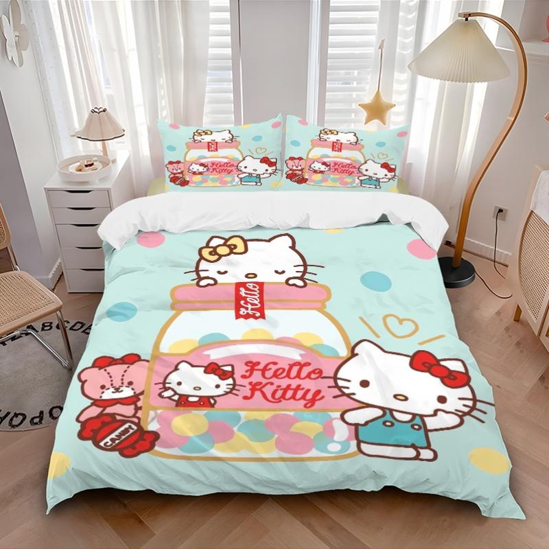 3pcs Hello Kitty Candy Bottle Design Printed Quilt Set - Soft and Comfortable Quilt Cover for Bedroom, Guest Room and Dormitory Decorative B