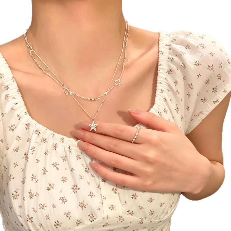 Delicate sparkling zirconium double-layer stacked star pendant necklace women's new light luxury high-end collarbone chain neck chain