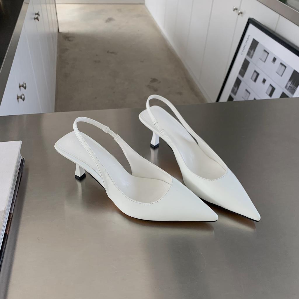 Spring and Summer New Solid Color Pointed Head Thin Heel Middle Heel Sandals Fairy Fairy with Skirt Empty Bag Head High Heel Single Shoes
