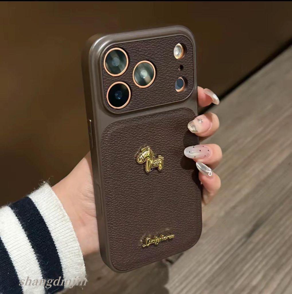 Coque pour iPhone 13/14/15/16/17 Pro Max Texture Cuir Rétro Motif Cheval