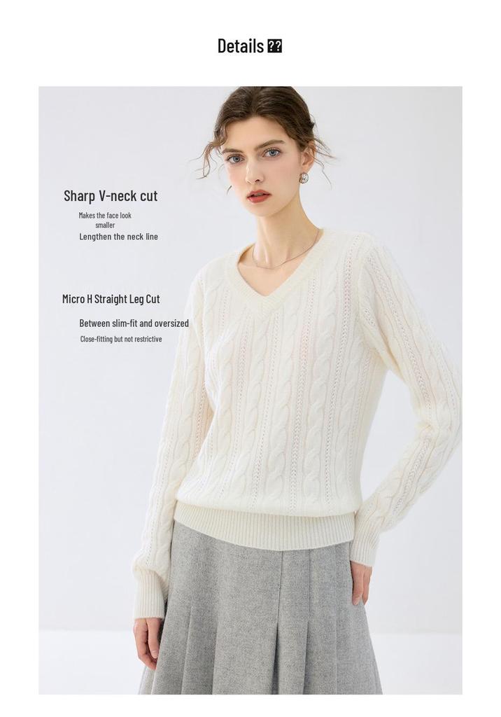 Lekasha Women's Cashmere V-Neck Cable Knit Pullover for Autumn/Winter