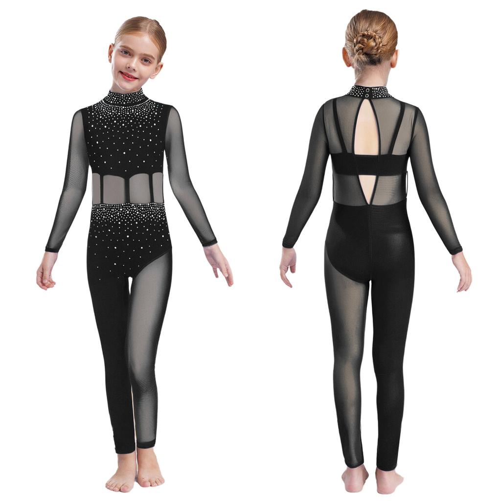 Jenter Danseopptreden Jumpsuit Helkropps Leotard Langermet Mock Neck Mesh Patchwork Nøkkelhullrygg Bodysuit