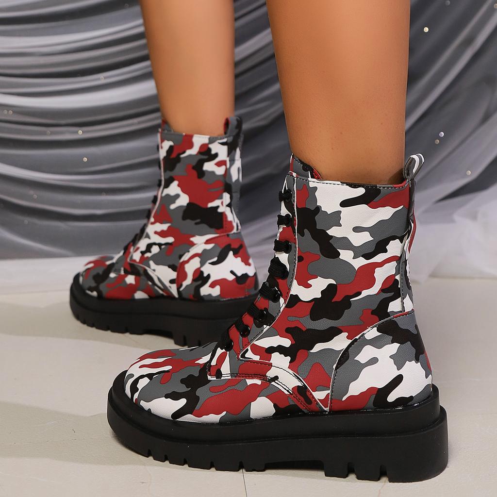 Fashion 2024Winter Women Flat Ankle Boots Casual Platform Fashion Outdoor Non-slip Walking Lace Up Camouflage Shoes Brand Designer Shoes