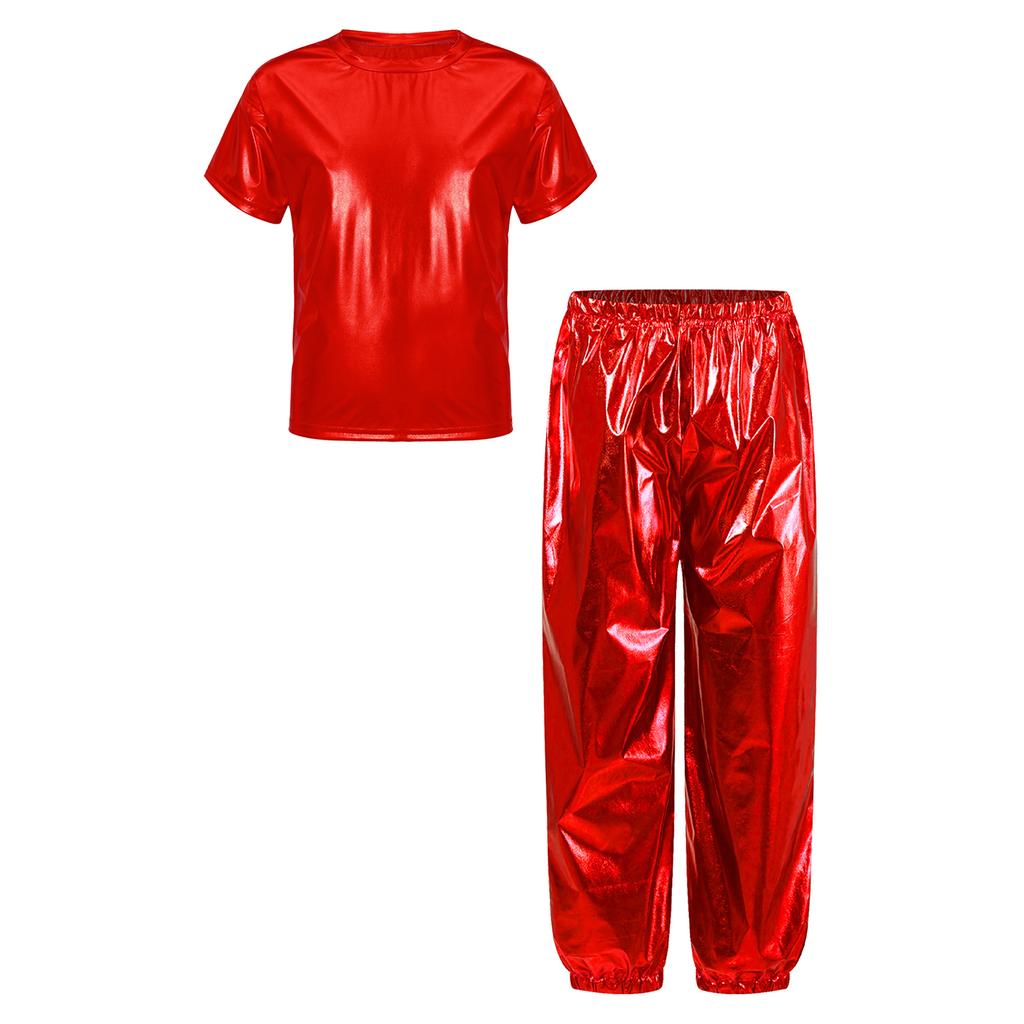 Unisex Kids Dance Costume Short Sleeve Round Neck Metallic Shiny T Shirt Performance Pants Set