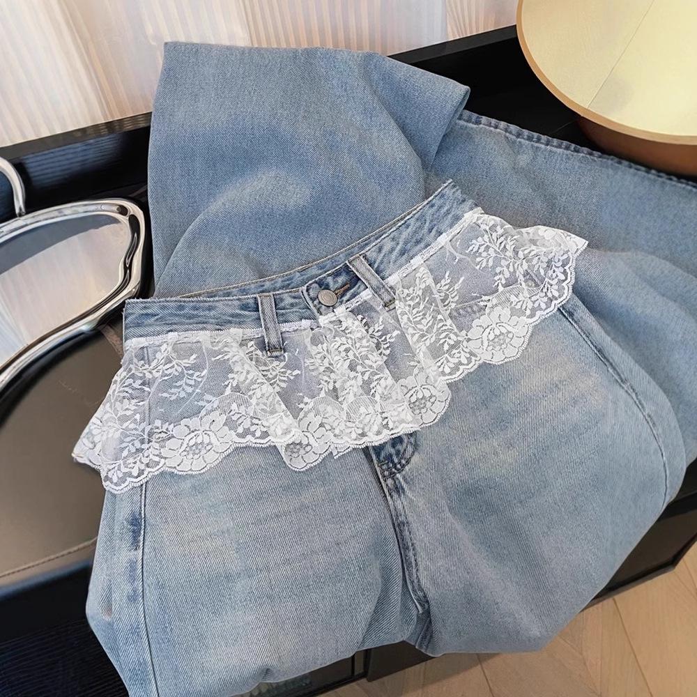 

Women s High Waist Lace Patchwork Wide Leg Jeans - Plus Size Slimming Floor-Length Pants for Spring/Summer M [Premium]