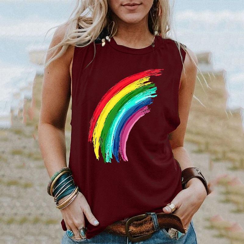 Canottiere Arcobaleno Estive Stampa 3D Donna Moda Casual Streetwear Oversize Scollo a O Canotta Senza Maniche Spalle Scoperte Donna Canottiera