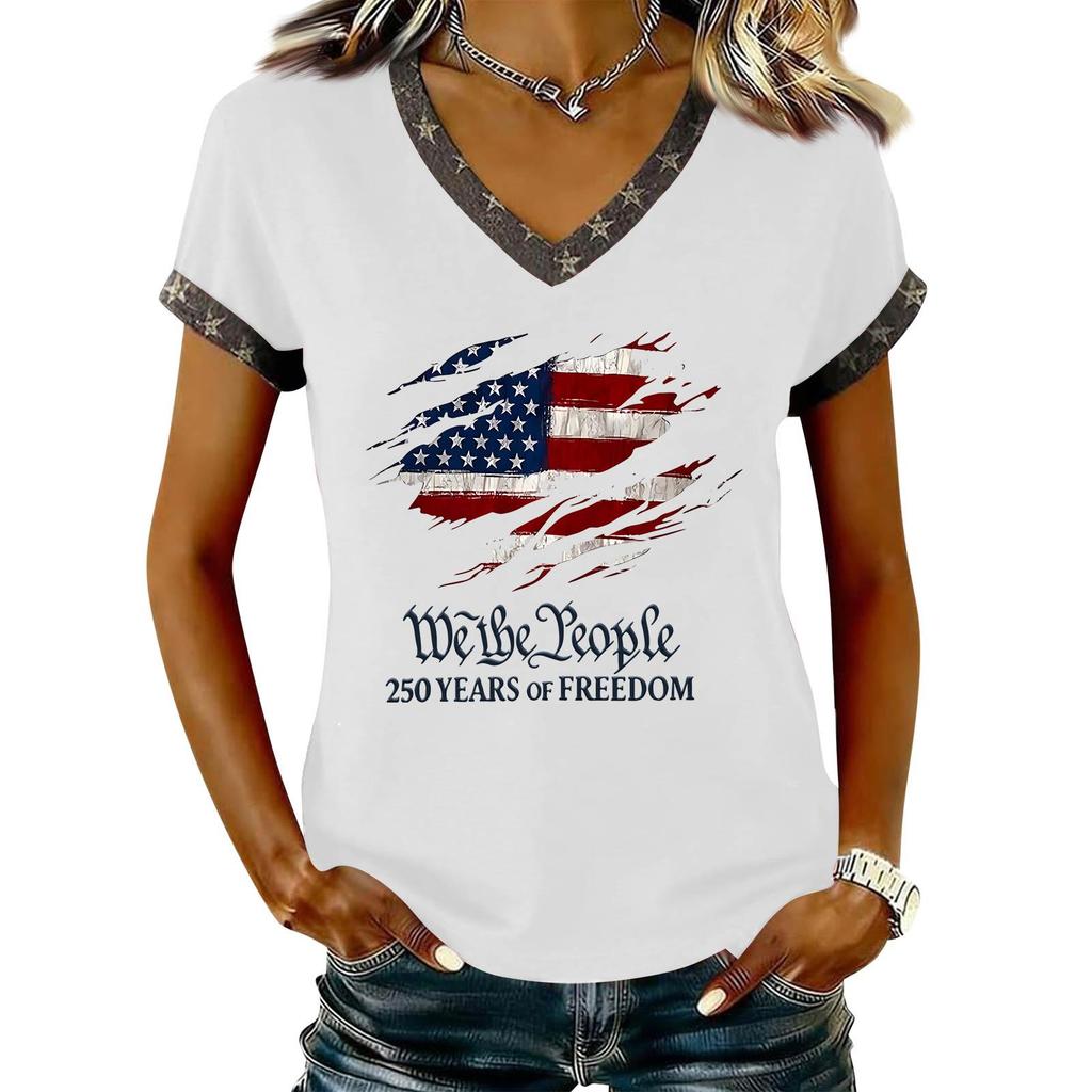 Damen Lässiger V-Ausschnitt Kurzarm Pullover Bedrucktes T-Shirt Top