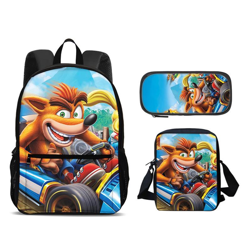 Crash Bandicoot backpack, pencil case, shoulder bag, 3Pcs Set, cartoon print, best school outdoor travel companion for students