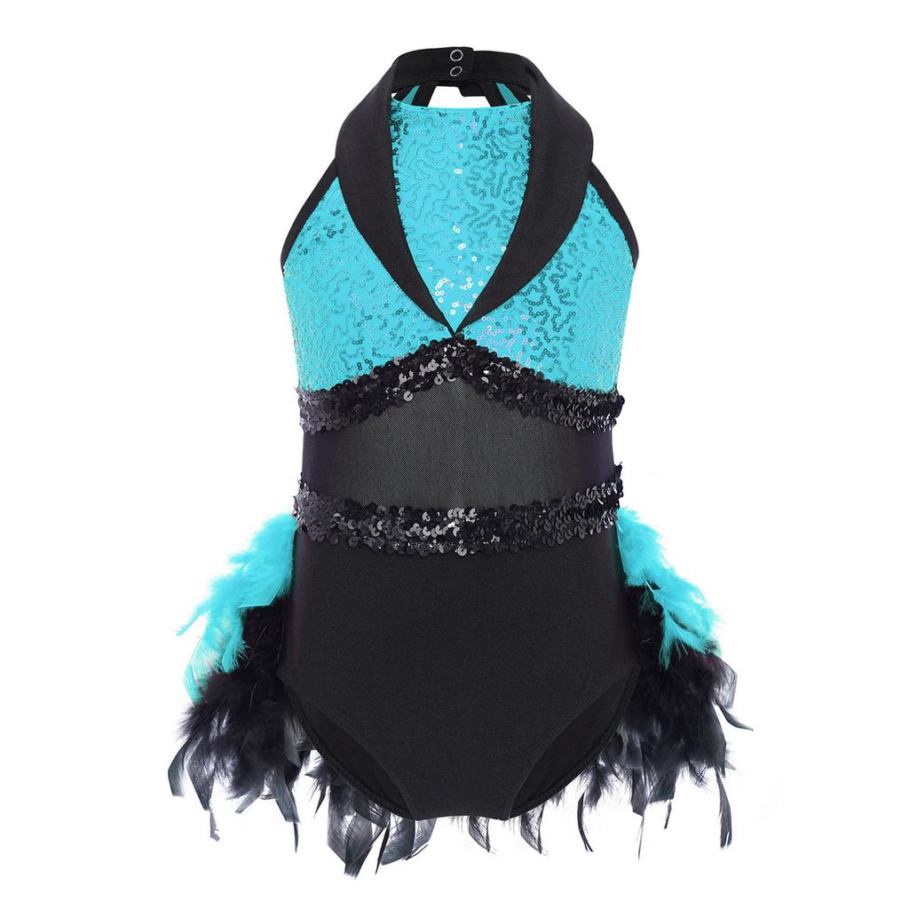 Girls Jazz Dance Dress Turn Down Collar Sleeveless Sheer Mesh Keyhole Back Shiny Sequins Color Block Feather Leotard
