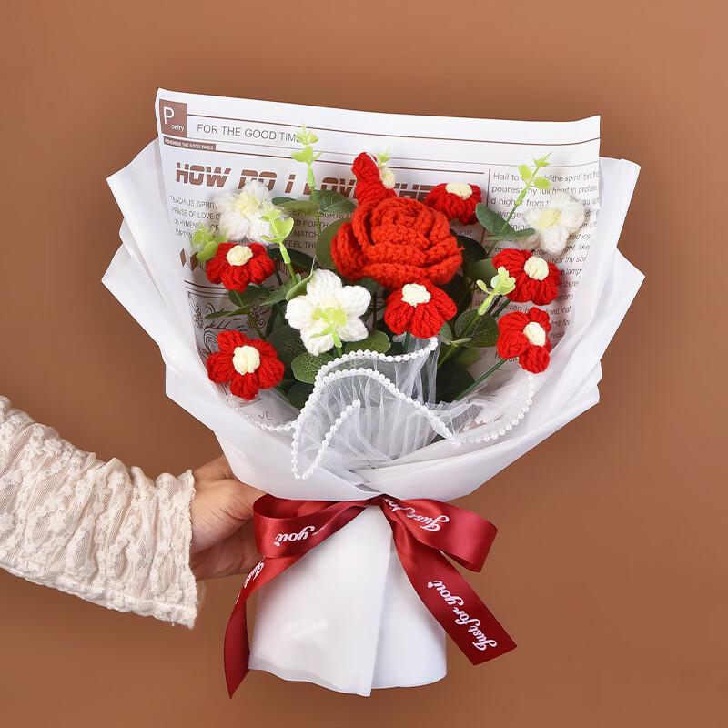 Handmade Knitted Rose and Daisy Flower Bouquet