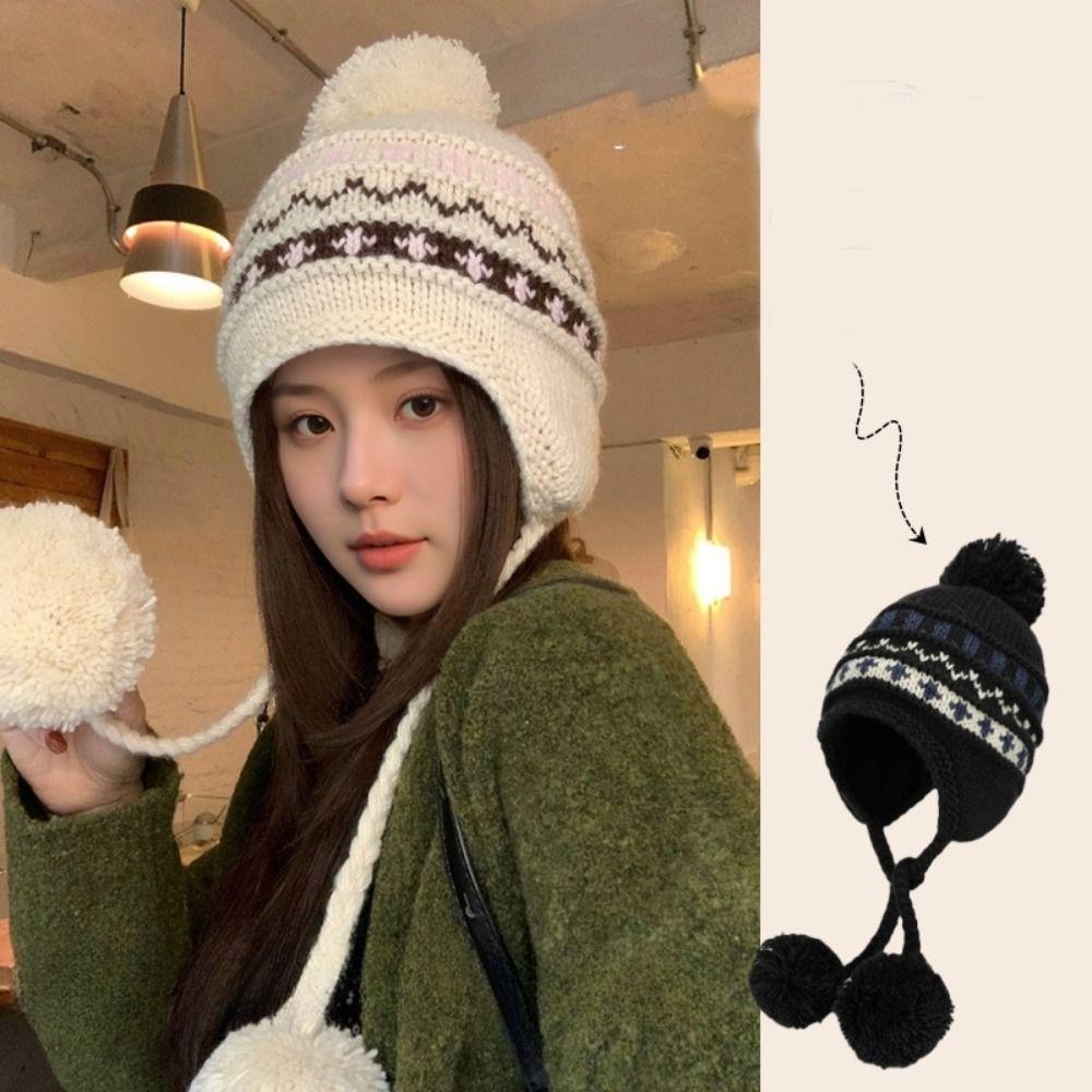 Printed Fair Isle Style Beanies Warm Ear Protection Hat Fashion Lei Feng Hat Girls