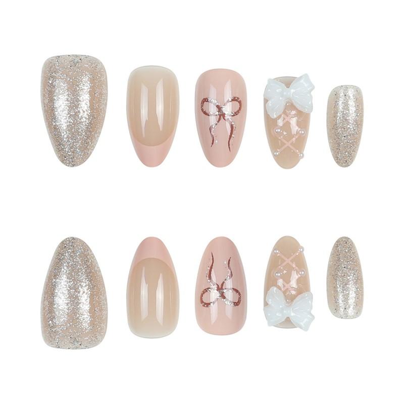 30pcs Sweet Pink Press-On Nails With Bowknot Design French Tip False Women Short Waterdrop Shape Removable