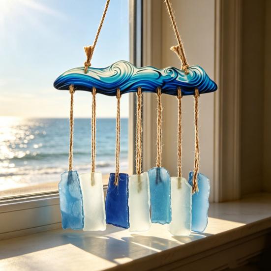 Meerglas-Windspiel für draußen Handgefertigt Meereswelle Küstenstil Hängendes Ornament für Strand Terrassen Dekoration Geschenke für Frauen
