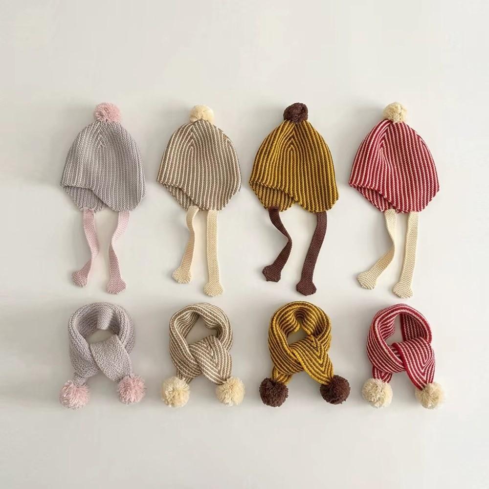 Stripe Children Scarf Hat Set Fur Ball Warm Knitted Cap Comfortable Wool Beanie Hat Baby