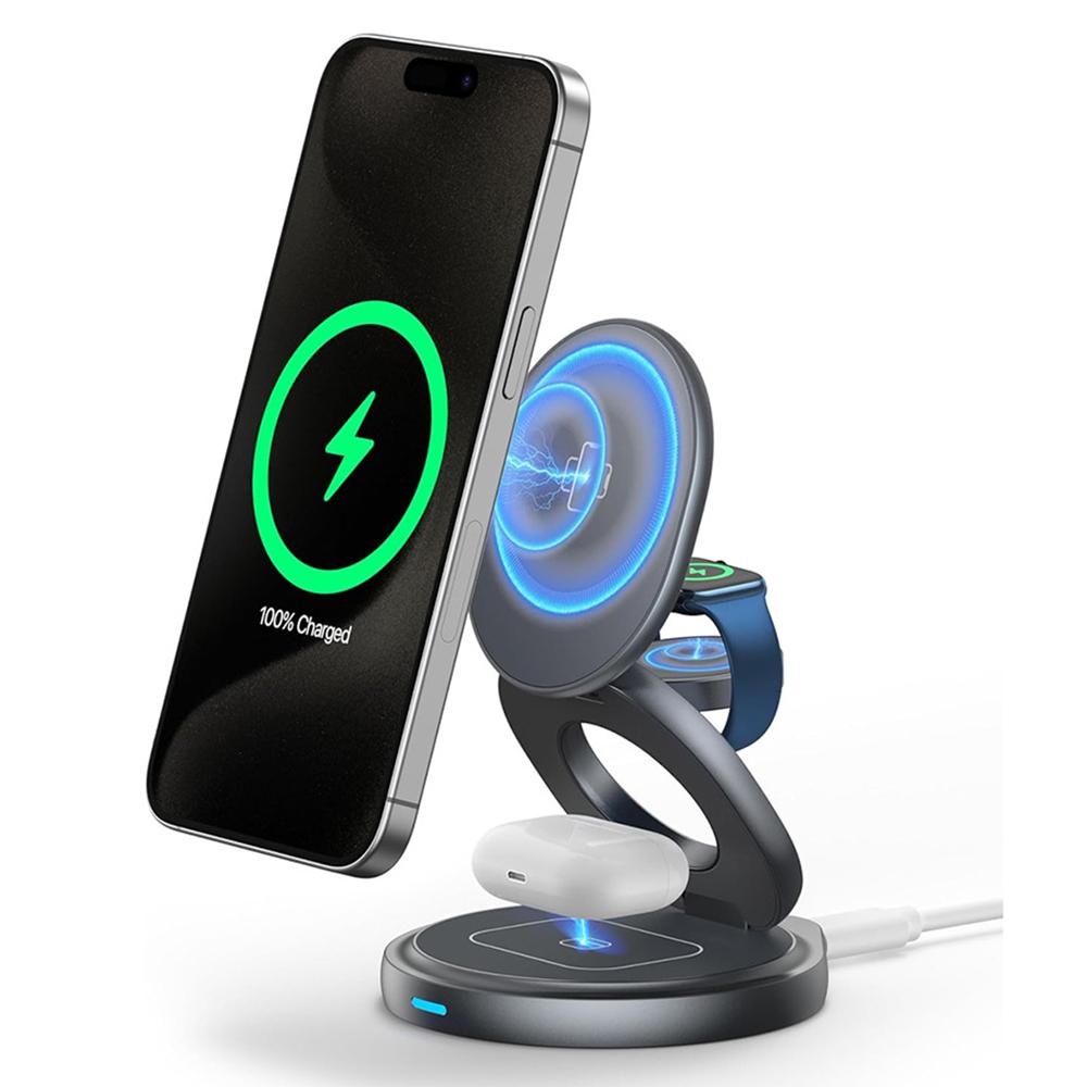 For iPhone 16 3-in-1 Magnetic Wireless Charger 360° Rotatable Zinc Alloy Stand
