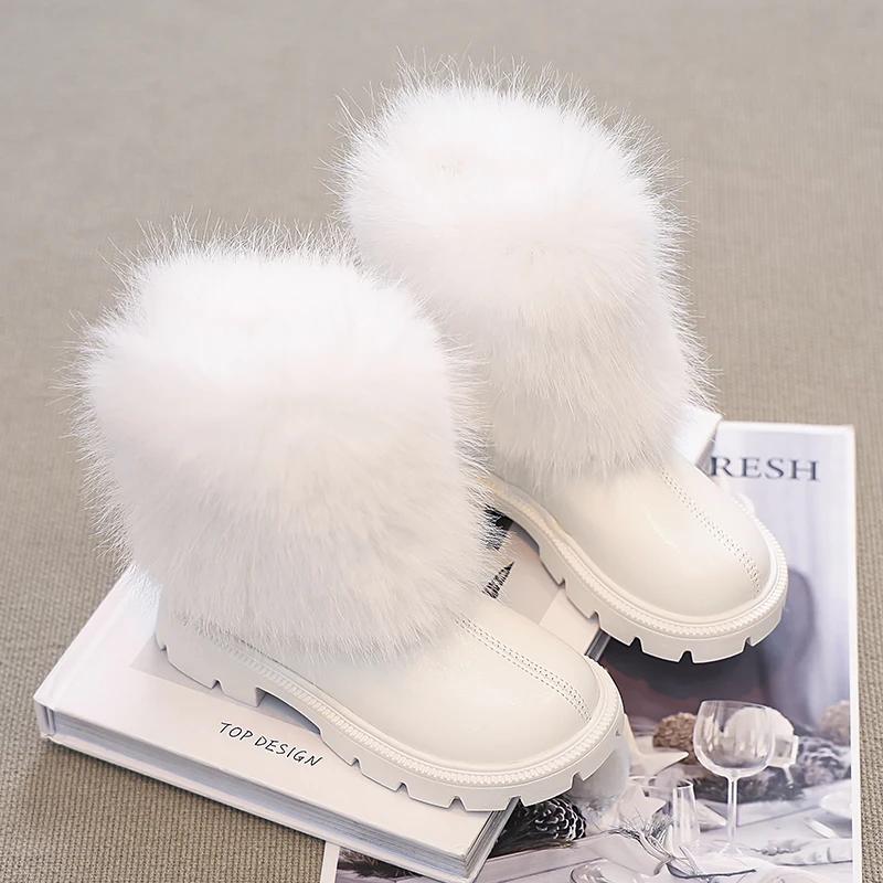 Girls Short Boots Children Fashion Leather Boots British Style Kids Princess Boots Thick Warm Plush Fur 2024 Autumn Winter New