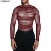 INCERUN Men Long Sleeve Ruffled See Through Mesh Party Tops T-Shirts
