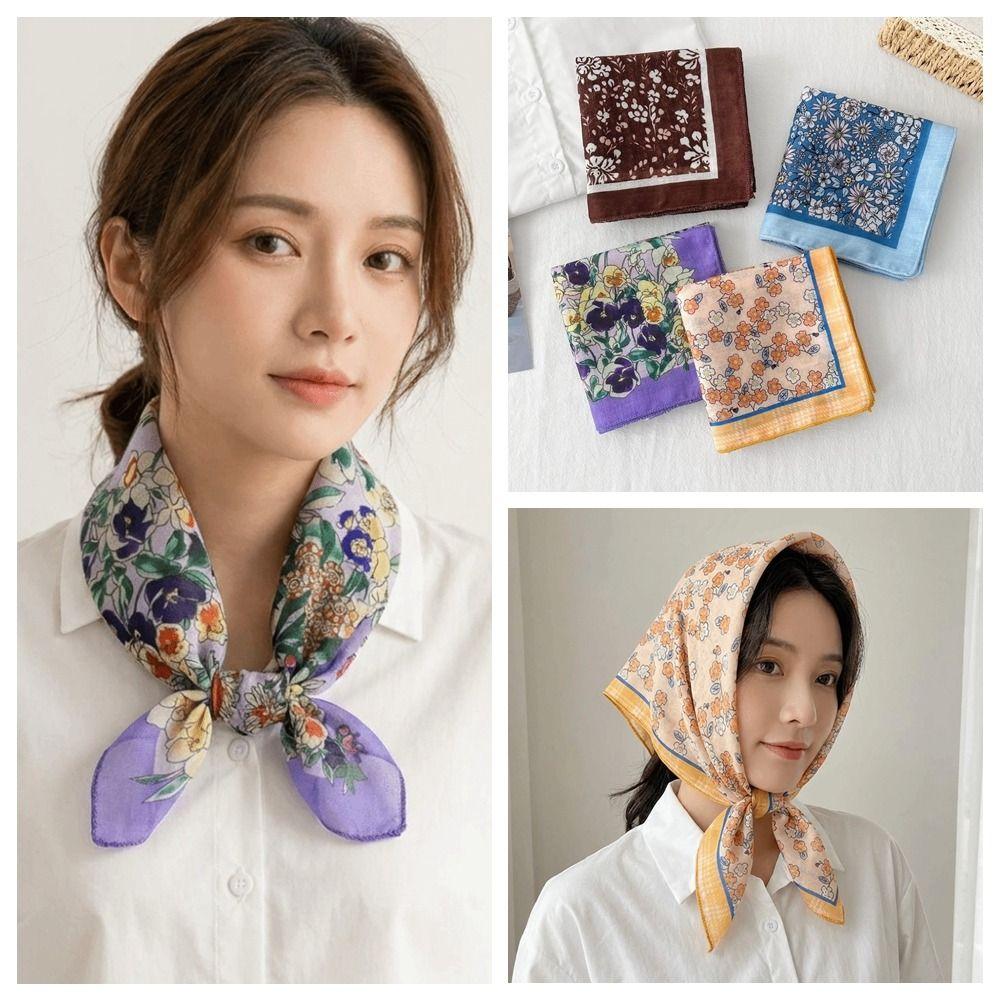 Flower Printed Silk Scarf Square Scarf Hair Band All-match Floral Kerchief  Spring Summer