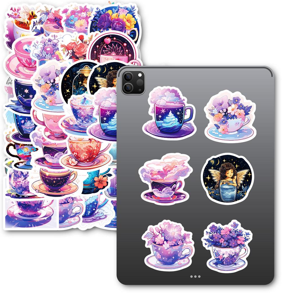 50PCS Dreamy Purple Tea Cup Stickers, Fantasy World Graffiti Decals for DIY Decoration & Journal