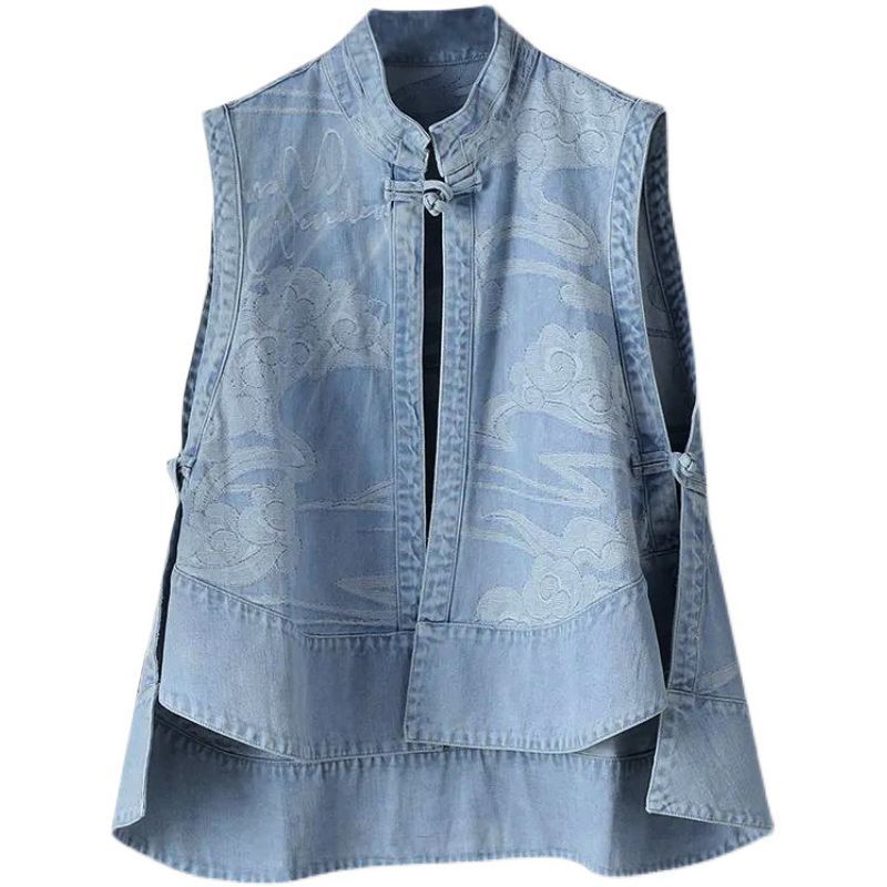 Chalecos Vaqueros Baggy Estilo Chino Vintage Sin Mangas Estampado de Nubes Chic Verano Cuello Alto Dulce Simple Estético Estudiantes Suave