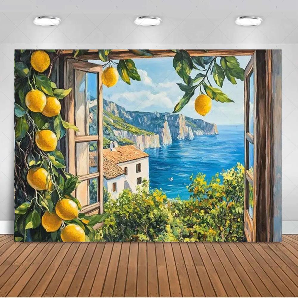 Seaside Town Lemon Tree Background Banner Open Window Landscape Backdrop Supplies Photography Prop Birthday Party Decorations
