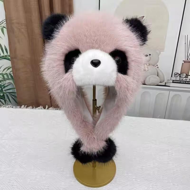 Parent-child Autumn and Winter Cute Plush Panda Hat Thick Warm Large Head Circumference Imitation Fox Fur Pullover Hat Earmuffs Hat