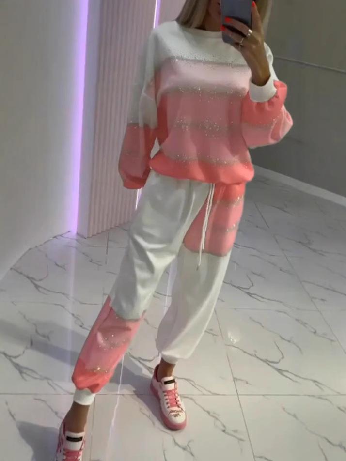 

2025 Women s Casual Striped Two-Piece Set: Sprinkle Top and Drawstring Pants S рожевий