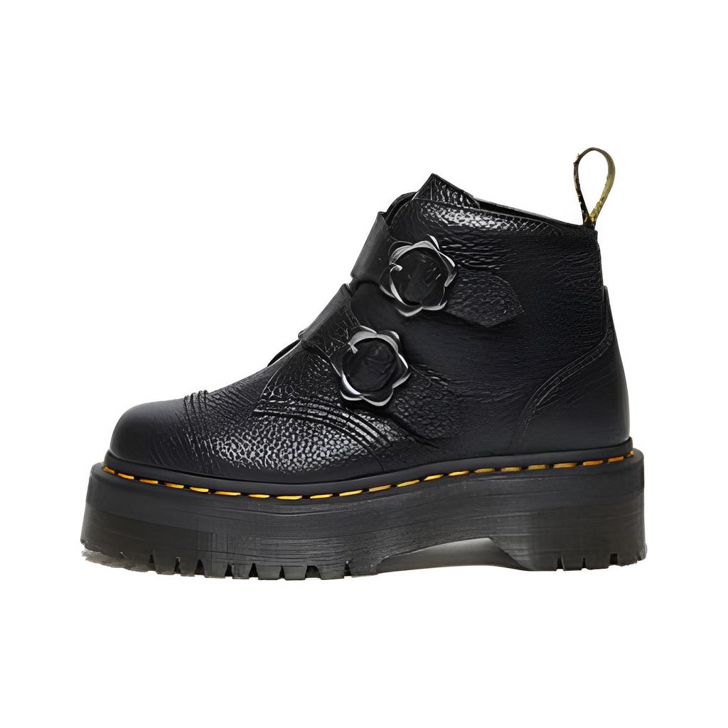 New Dr.Martens Devon Flower Buckle Leather Platform Boots 'Black' Women's 27642001