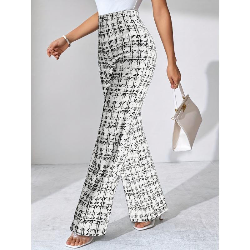 [Stretchy Flare Pants] High-Waisted Stretchy Women's Black and White Plaid Flare Pants | Casual Pants for Spring/Summer/Fall | Glossy Finish Pant