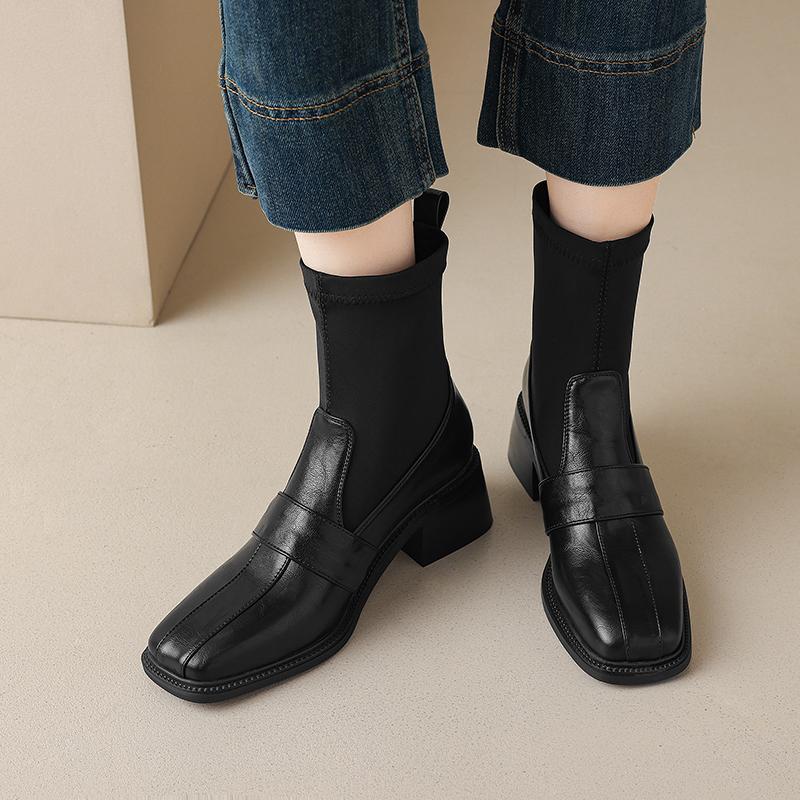 Big Size 40 41 42 43 Autumn Winter New Patchwork Ankle Boots for Women Square Toe Block High Heels Slip on Elastic Socks Booties
