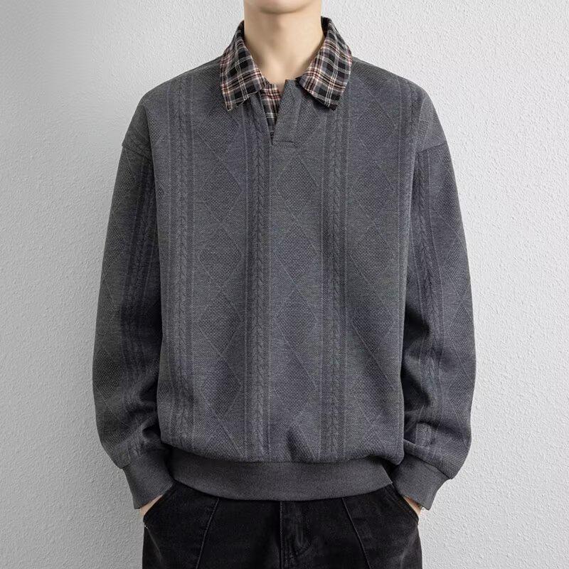Men s Trendy Texture Hooded Sweatshirt: Spring & Autumn Jacquard Lapel Polo Shirt Casual Air Layer Jacket L