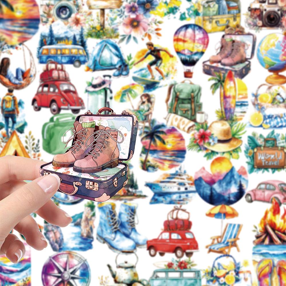 10/30/56pcs Cool Camping Outdoor Travel Cartoon Stickers Aesthetic Graffiti Decals Toy DIY Notebook Laptop Bike PET Sticker Pack