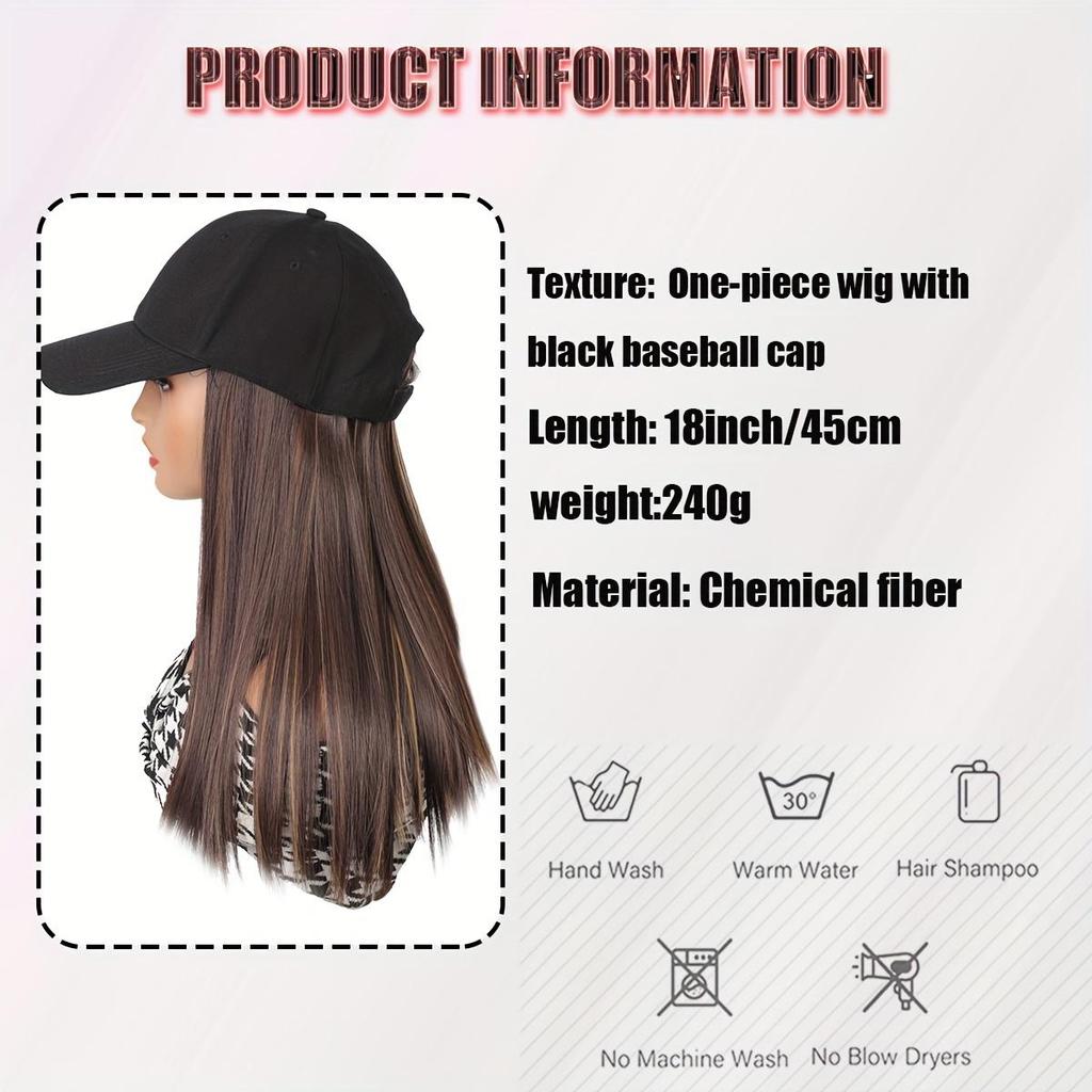 Elegant Women'S Black Baseball Cap With Adjustable Hat Wig - Long Straight Synthetic Hair, One Piece
