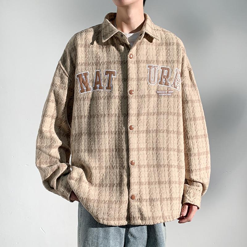 Men's long-sleeved shirt autumn new Hong Kong wind jacket casual shirt lapel plaid shirt fashion loose coat