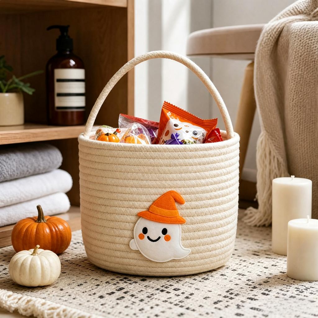 Halloween Woven Storage Basket with Handles, Cotton Rope Candy and Toy for Bathroom Decor