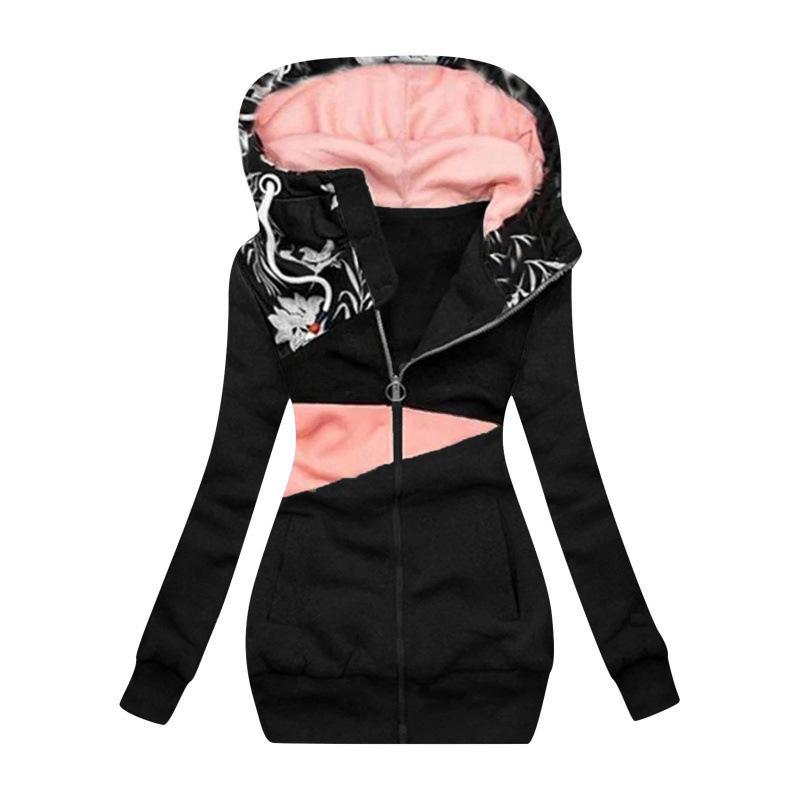 Women's 2024 Zipper Color Block Print Hooded Sweatshirt Jacket